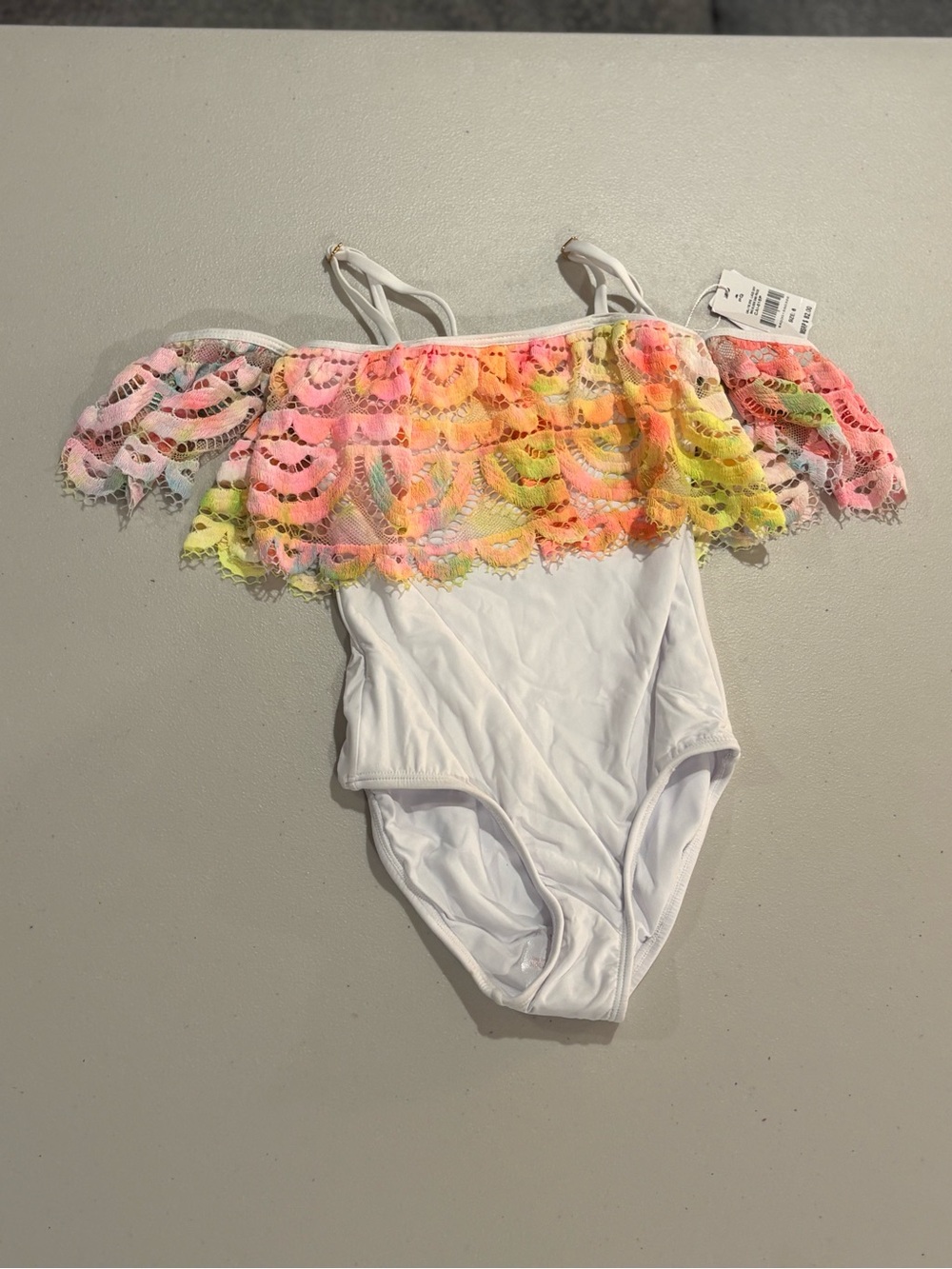 Pilyq White Girls One-Piece with Neon Lace Ruffle
